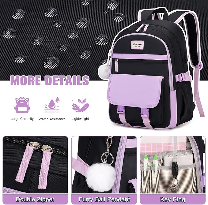 Bevalsa Backpack for Girls, School Backpacks for Girls, Kids Backpack with Lunch Box & Pencil Pouch for Teens Girl Kids Elementary Middle High School College Student Bookbag Daypack (Purple Black)