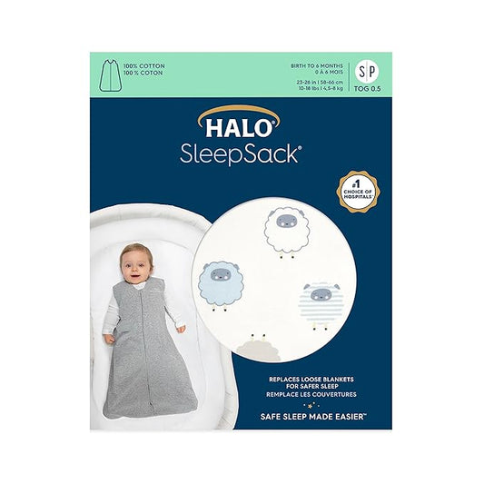 HALO SleepSack, 100% Cotton Wearable Blanket, Swaddle Transition Sleeping Bag, TOG 0.5, Sleepy Sheep, Medium, 6-12 Months