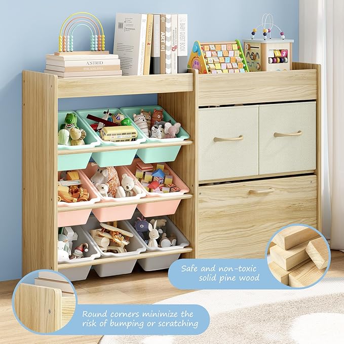 EXPERLAM Toy Storage Organizer for Kids, 9-Bin Toy Organizer with 2-Drawers,Movable Toy Chest and Top Rack, Kids Bookshelf and Toy Storage for Playroom, Bedroom, Nursery, Multi-Color