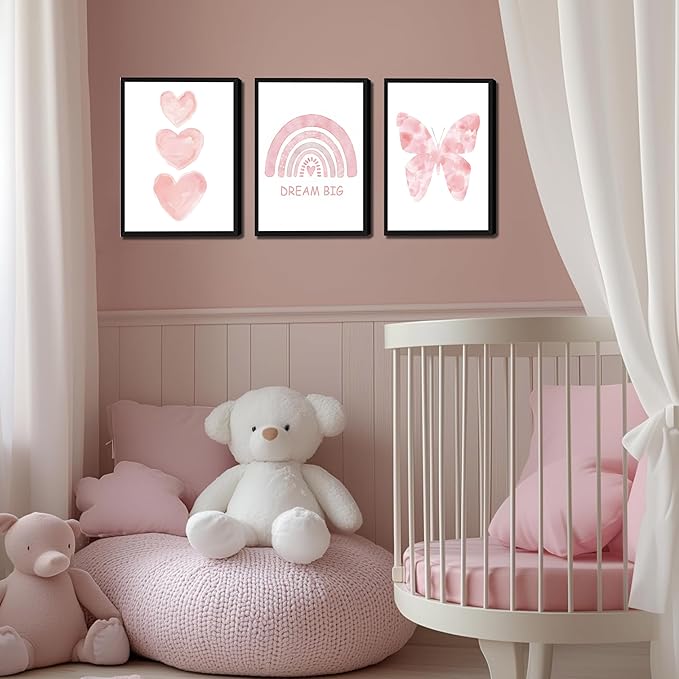 Pink Girls Nursery Wall Art Set of 3, Girl Toddler Room Wall Decor Paintings, Kids Rainbow Butterfly Love Prints Pictures for Baby Room Bedroom Decor 16x24 Inch Wood Framed