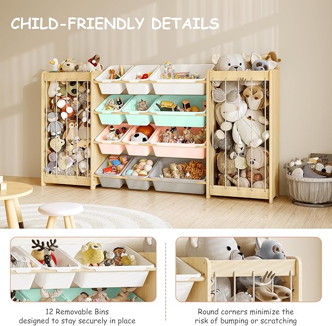 EXPERLAM Toy and Stuffed Animal Storage, 12-Bin Toy Shelf with Double-Sided Stuffed Animal Holder & Thicker Elastic Ropes, Space-Saving Solid Wood Toy Organizer for Playroom, Nursery, Bedroom, Multi