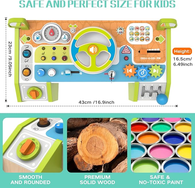 Montessori Car Busy Board for Toddlers, Wooden Sensory Steering Wheel Activity Baby Toy with Lights, Buttons, Gears & Key Start, Kids Interactive Educational Toys for Boys Girls