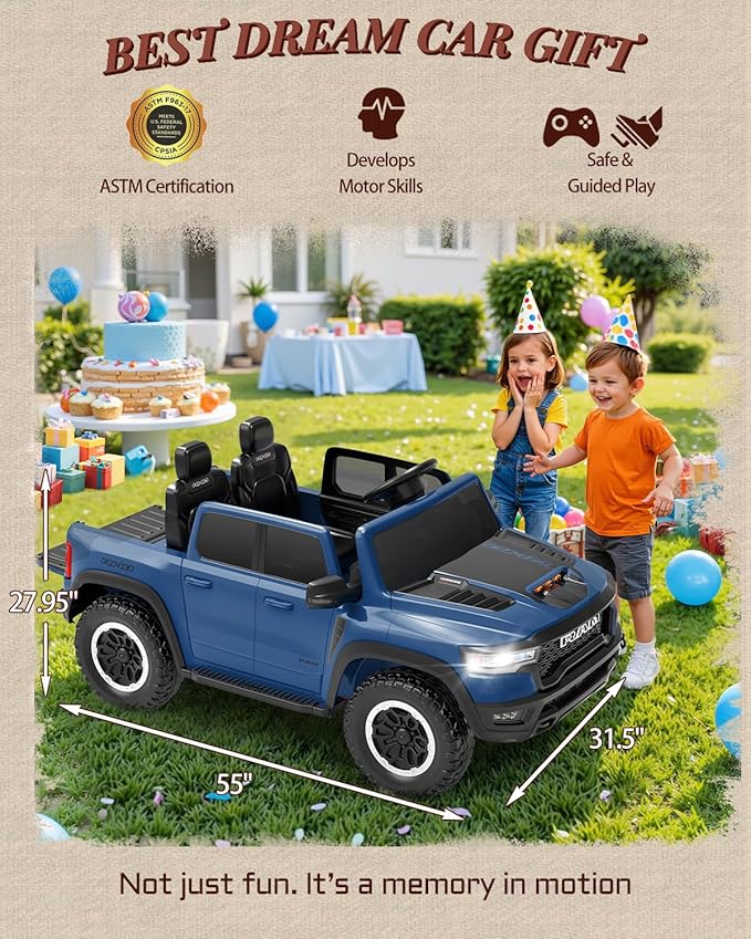 First Ride On 24V Ride On Toys for Big Kids, RAM 1500 2 Seater Ride on Car w/Remote, Battery Powered Truck w/ 4 Wheels Suspension, Toddler Car w/Bluetooth, LED Lights, Trunk & High Doors (DarkBlue)