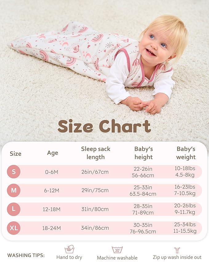 Rayon Made from Bamboo Baby Sleep Sack 12-18 Months, 1.0 Tog Baby Wearable Blanket, Soft Sleeping Bag for Infant Toddler Babies with 2-Way Zipper 2 Pack (Large) Pink Rainbow