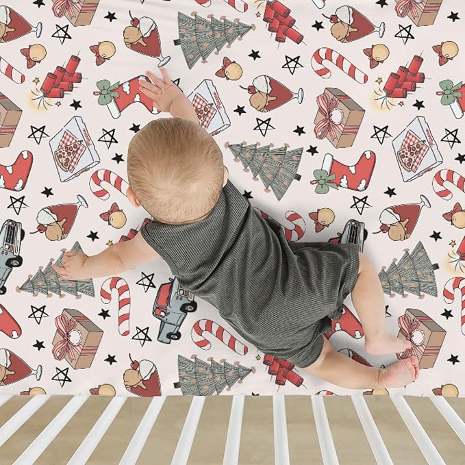 Boho Christmas Movie Baby Crib Sheets for Boy Girl 52x28 Christmas Tree Stockings Candy Pizza Truck Soft Snug Fitted Crib Mattress Cover Winter Holiday Baby Sheet for Standard Crib & Toddler Mattress