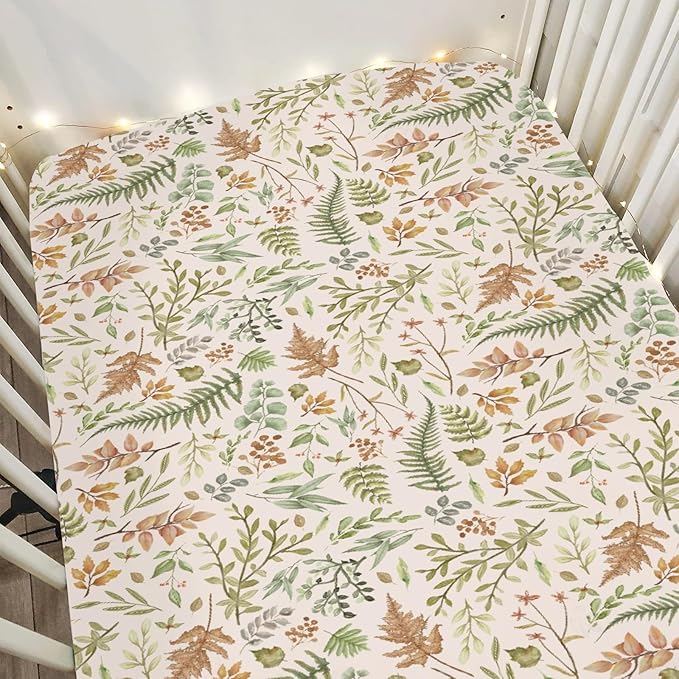 Cream Autumn Ferns and Leaves Baby Crib Sheets for Boy Girl 52"x28" Fall Autumn Leaves Soft Snug Fitted Crib Mattress Cover Thanksgiving Harvest Baby Sheet Fits Standard Crib and Toddler Bed Mattress