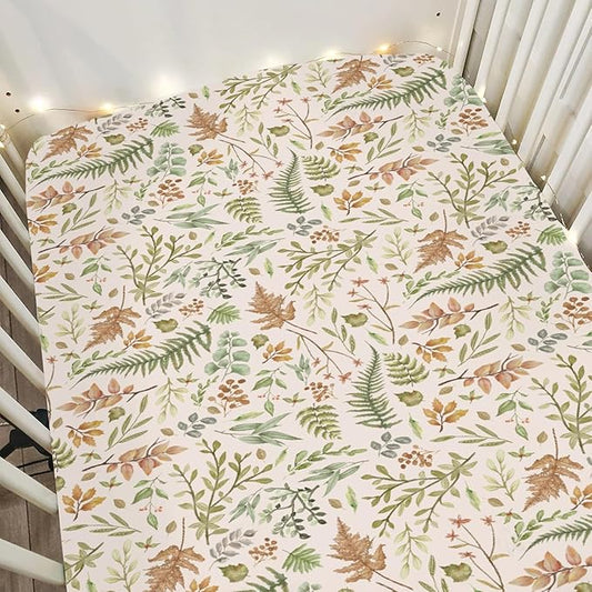 Cream Autumn Ferns and Leaves Baby Crib Sheets for Boy Girl 52"x28" Fall Autumn Leaves Soft Snug Fitted Crib Mattress Cover Thanksgiving Harvest Baby Sheet Fits Standard Crib and Toddler Bed Mattress