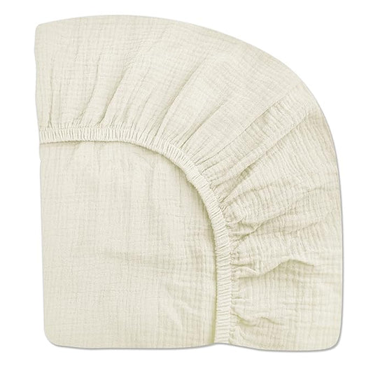 Mini Crib Sheets for Baby, Fitted Pack N Play Mattress and Mini Cribs 24" x 38", Neutral Muslin Cotton Mini Crib Mattress Sheet with Boho Style, Soft and Breathable Comfort (Cream)