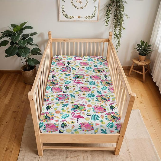 Pink Flamingo Toucan Tropical Fruits Baby Crib Sheets for Boy Girl 52"x28" Colorful Summer Birds Leaves Soft Snug Fitted Crib Mattress Cover Hawaiian Baby Sheet for Standard Crib & Toddler Mattress