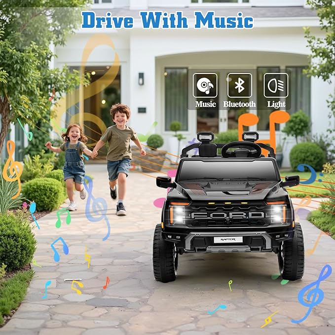 Licensed Ford F-150 Raptor 2 Seater Electric Car, 24V Ride on Car for Big Kids with Remote Control, Toddler Car w/4 Wheels Suspension, LED Lights, Bluetooth, Soft Start Function (24V, Black)