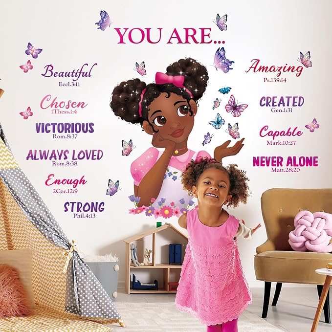 DECOWALL SG2-2315 Black Girl Magic Wall Stickers Decals Girls Bedroom Butterfly Kids Room Art Toddler Decorations Butterflies Baby Nursery Afro Door Wallpaper Pink