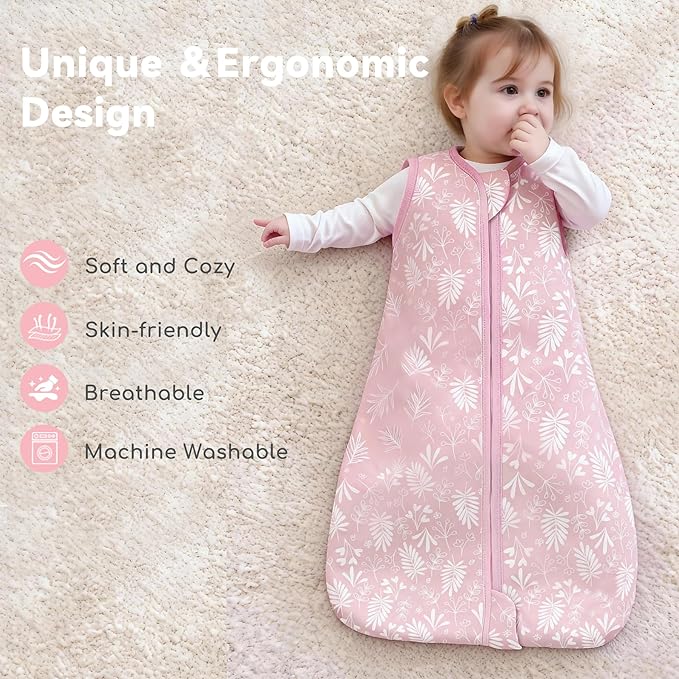 Baby Sleep Sack 6-12 Months 0.5 TOG, 100% Cotton Baby Wearable Blanket with 2-Way Zipper, Infant Toddler Sleeping Sack for Newborn Boys and Girls, Flowers & Leaves