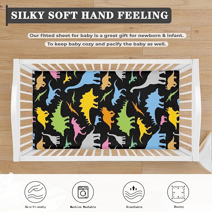 Colorful Dinosaur Baby Crib Sheets Fitted Crib Sheets Kid Crib Fitted Sheets Crib Cover Single Pack 28"x52" for Boys Girls