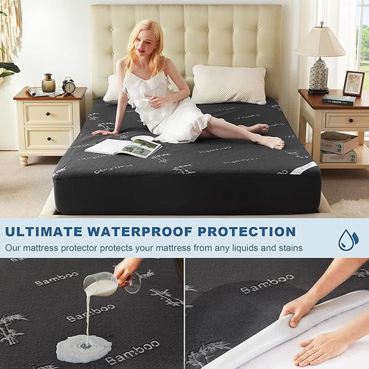 BEDLORE Queen Size Waterproof Mattress Protector Viscose Derived from Bamboo, Soft Mattress Cover Fitted with Deep Pocket 6"-18", Breathable Noiseless Mattress Pad, Machine Washable(Gray)