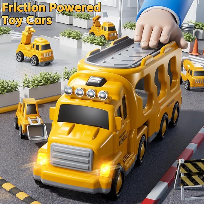 Construction Trucks Toys for 2 3 4 5 Years Old Boys - 5-in-1 Carrier Transport Vehicle Truck for Toddlers 2-4 Years with Crane, Mixer, Pushdozer and Excavator, Car Toys Birthdays Gift