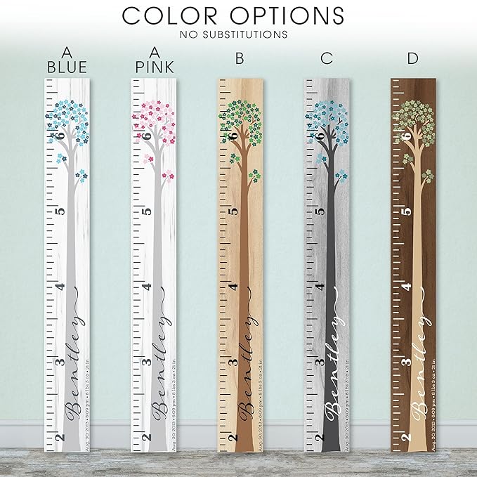 Wooden Kids Growth Height Chart Ruler for Boys and Girls Painted or Engraved (Floral Tree)
