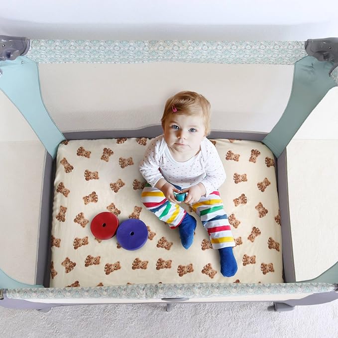 LifeTree Crib Sheets for Baby Unisex - Muslin Fitted Crib Sheets Toddler Bed Sheet, 70% Viscose from Bamboo and 30% Cotton, Fits Mini Crib & Pack and Play Playard, Bear, 26in x 38in