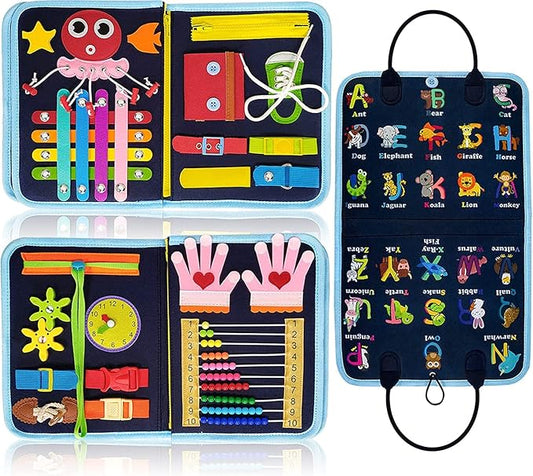 Gojmzo Busy Board Montessori Toys for Toddler Boys & Girls Gifts, Sensory Toys for Toddlers, Educational Travel Preschool Activities Learning Alphabet Count Fine Motor Skills