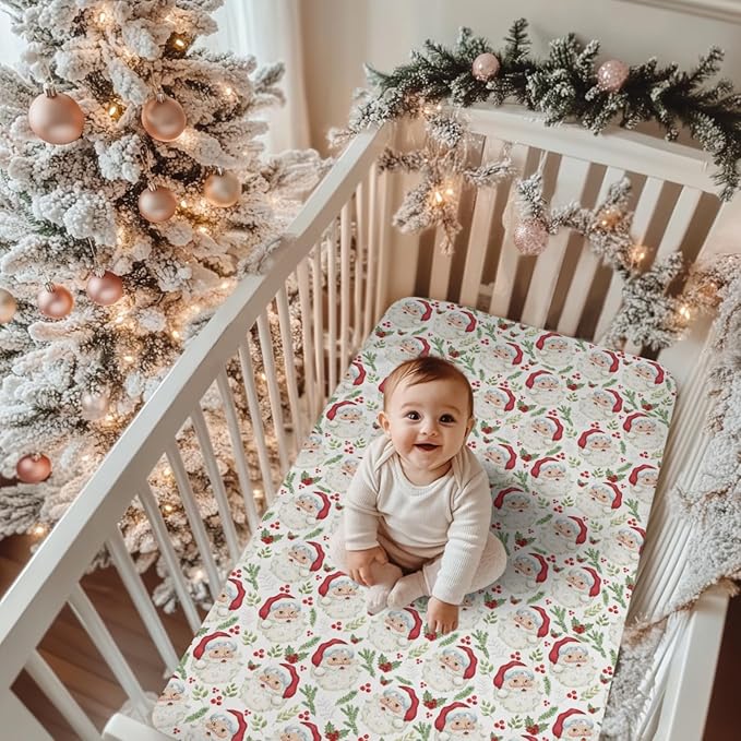 Vintage Christmas Santa Baby Crib Sheets for Boy Girl 52"x28" Santa Claus Cherry Fir Leaves Soft Snug Fitted Crib Mattress Cover Winter Holiday Baby Sheet for Standard Crib & Toddler Bed Mattress