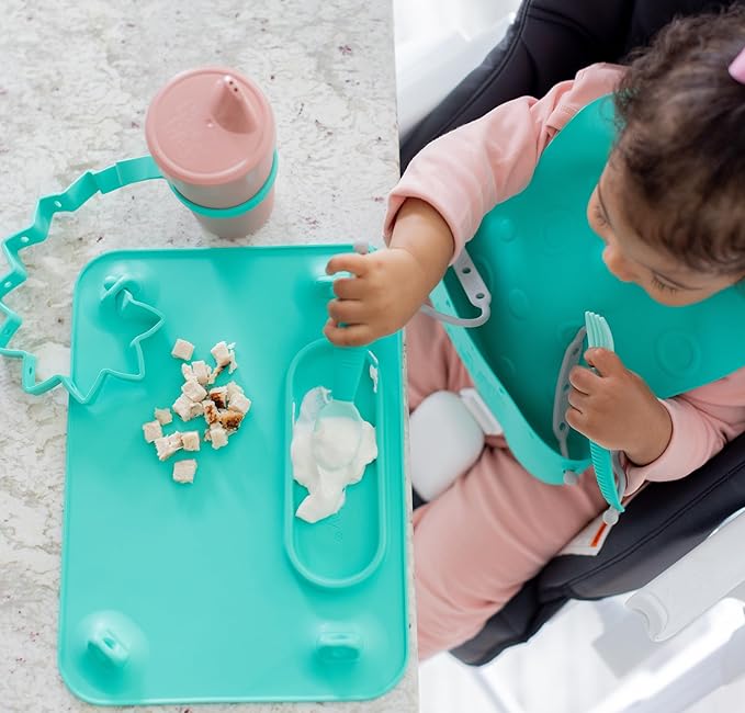 BUSY BABY Silicone Mat - New and Improved Suction Cups, 4 Straps to Secure Baby Essentials, Self Feeding, Baby Led Weaning, Travel Sleeve Included (Blue)
