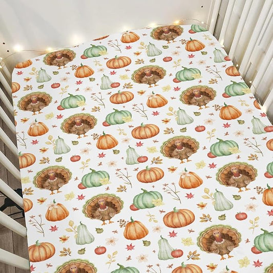Thanksgiving Turkey Pumpkins Baby Crib Sheets for Boy Girl 52"x28" Autumn Maple Leaves Soft Stretchy Fitted Crib Mattress Cover Fall Harvest Baby Sheet for Standard Crib and Toddler Bed Mattress