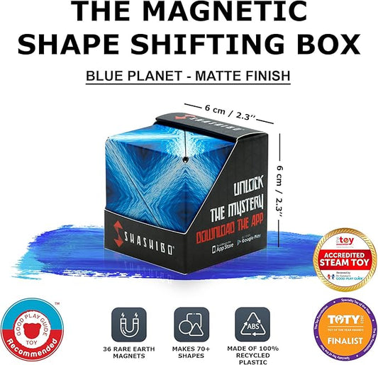 Shashibo Shape Shifting Box - Award-Winning STEM Fidget Toy with Strong Magnets - Fidget Cube Transforms Into 100+ Shapes, Christmas Stocking Stuffers Gift for Kids, Teens, and Adults (Blue Planet)