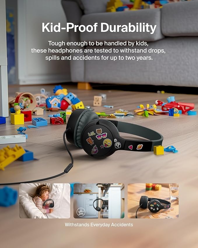 Belkin SoundForm Mini Kids Wired Headphones w/USB C to 3.5mm Dongle, Built-in Mic & Fun Stickers, 85dB Max Volume – for Online Learning, Travel, Compatible w/iPhone 16, iPad, Galaxy S25, etc - Black