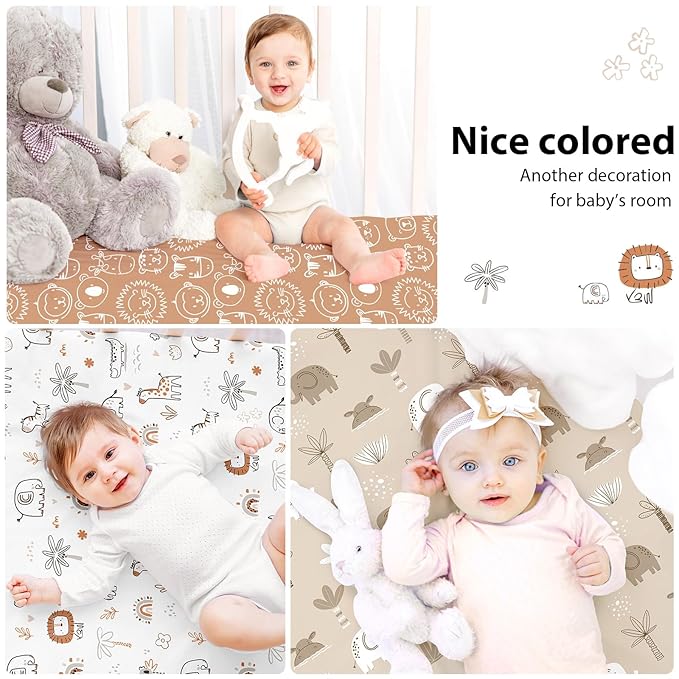 Baby Crib Sheets for Boys and Girls, 3 Pack Toddler Bed Sheets for 52”x28” Standard Toddler Mattresses, Soft Microfiber Fitted Crib Sheets Neutral Orange Animal World