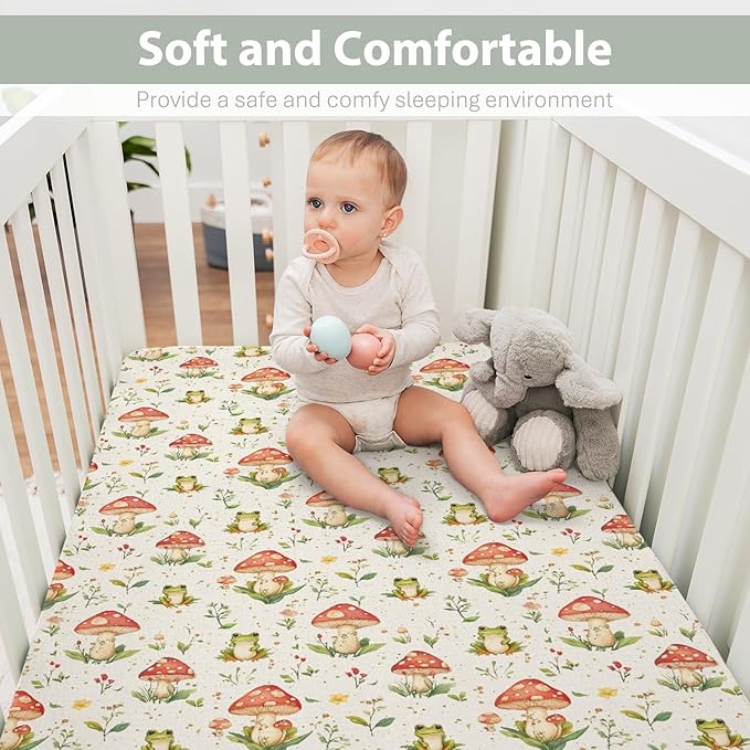 Green Frogs Mushroom Baby Crib Sheets for Boy Girl 52x28Inch Fairytale Frogs Soft Stretchy Fitted Crib Mattress Cover Baby Sheet Fits Crib and Toddler Bed Mattresses