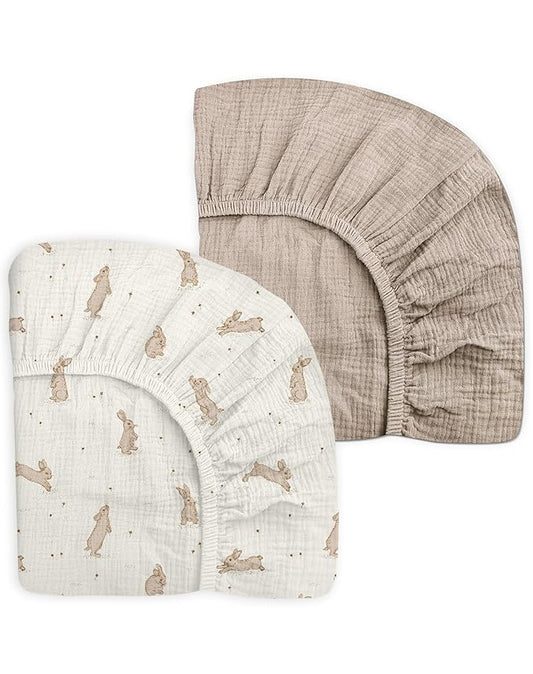 Mini Crib Sheets for Baby Boy Girl 2 Pack, Neutral Mini Crib Mattress Sheet 24" x 38", Muslin Nursery Bedding Soft and Breathable Comfort (Hopping Bunnies & Beige)