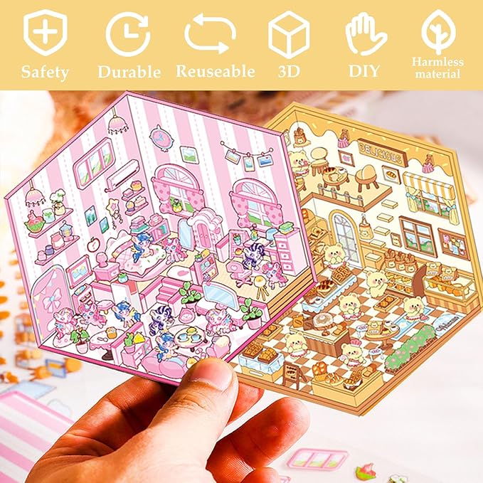 DIY 3D Sticker for Kids, 6 Sets of Cute Stickers for Girls Adult Isometric Sticker Scene Kids Reuseable and Waterproof Stickers, Holiday & Christmas Fun