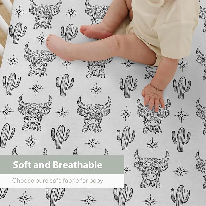 Boho Western Cow Cactus Baby Crib Sheets for Boy Girl 52x28Inch Black and White Highland Yak Soft Stretchy Fitted Crib Mattress Cover Wild West Animal Baby Sheet for Crib and Toddler Bed Mattresses