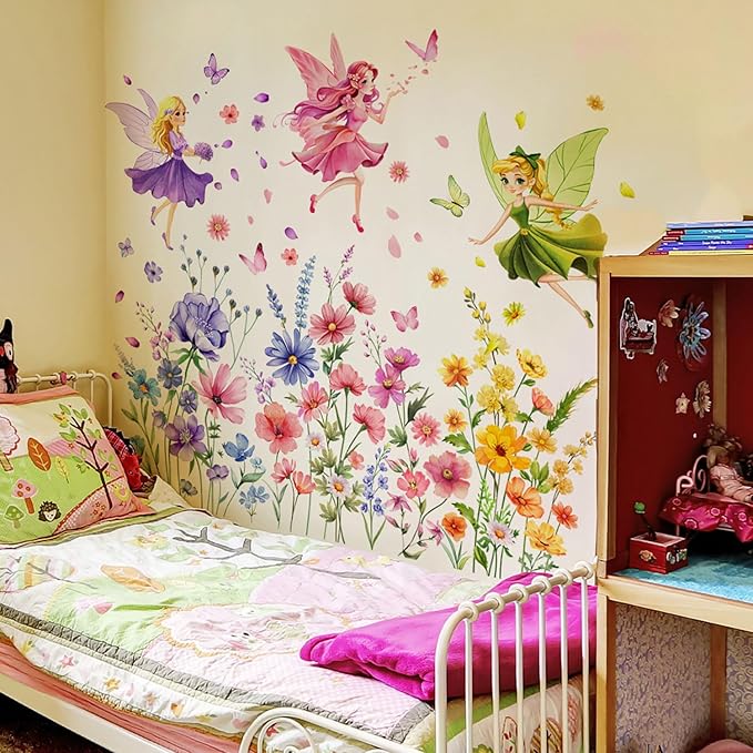 CharmFlo Fairy Wall Decals Wildflower Butterfly Wall Stickers Removable Vinyl Wall Art DIY Florals Peel and Stick for Girls Bedroom Living Room Kids Room Baby Nursery Wall Decor