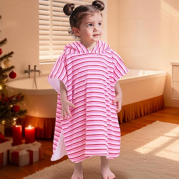 VOOVA & MOVAS Thick Double-Layered Baby Bath Towel (2-4 Years, 20x21 Inches) | Ultra Soft & Absorbent Cotton | Toddler Hooded Poncho Towel for Swimming, Beach, Shower & Winter, Pink Stripe