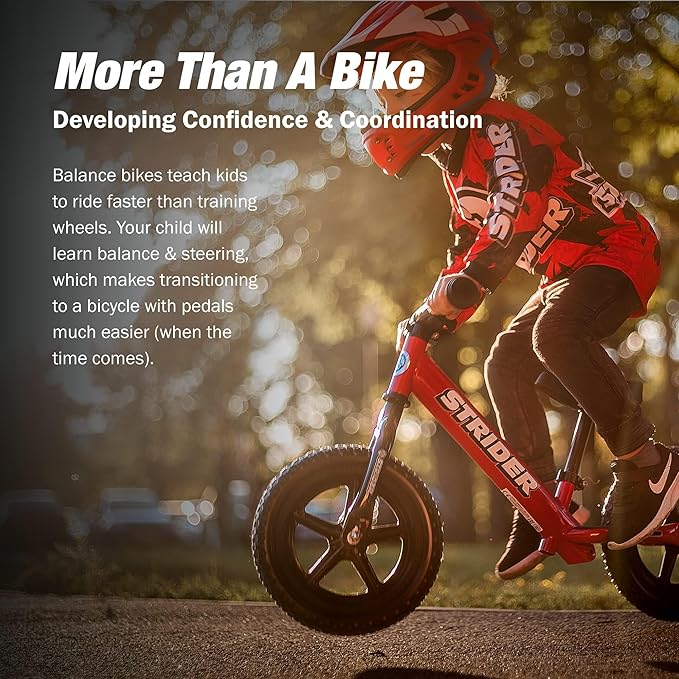 Strider 12” Sport Bike - No Pedal Balance Bicycle for Kids 1 to 4 Years - Includes Safety Pad, Padded Seat, Mini Grips & Flat-Free Tires - Tool-Free Assembly & Adjustments