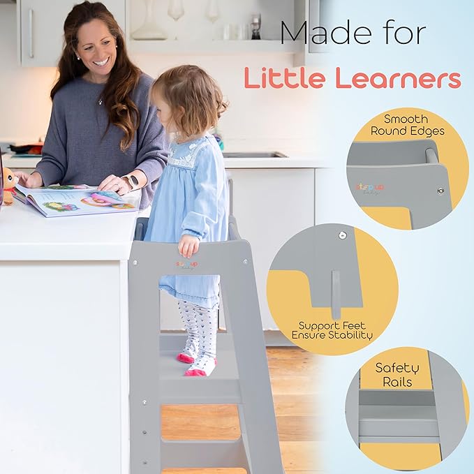 Stepup Baby Toddler Step Stool - Adjustable Height Kids Helper Step Stool, Durable, Non-Slip and Bathroom Sink, Platform for Kitchen, Toddler Tower for Exploration and Growth - Grey