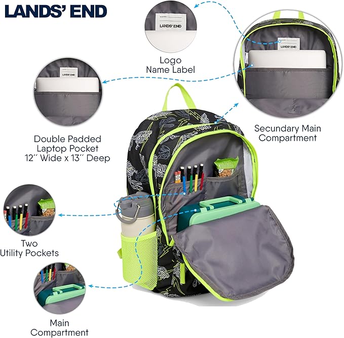Lands' End Unisex Kids Large ClassMate Lightweight Durable Elementary School Backpack, Black Highlight