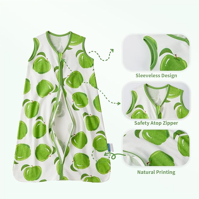 TILLYOU 2 Pack Baby Sleep Sack 12-18 Months 100% Cotton Wearable Blanket 0.5 TOG Sleeveless Summer Sleep Sacks with 2-Way Zipper, Green Apple & Fruit Green