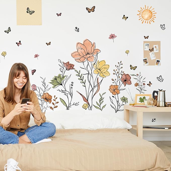Boho Flower Wall Decals Watercolor Flower Plants Wall Stickers Wildflower Floral Walls Decals for Living Room Peel and Stick Modern Line Butterflies Art Murals for Girls Bedoom Office Home Decoration