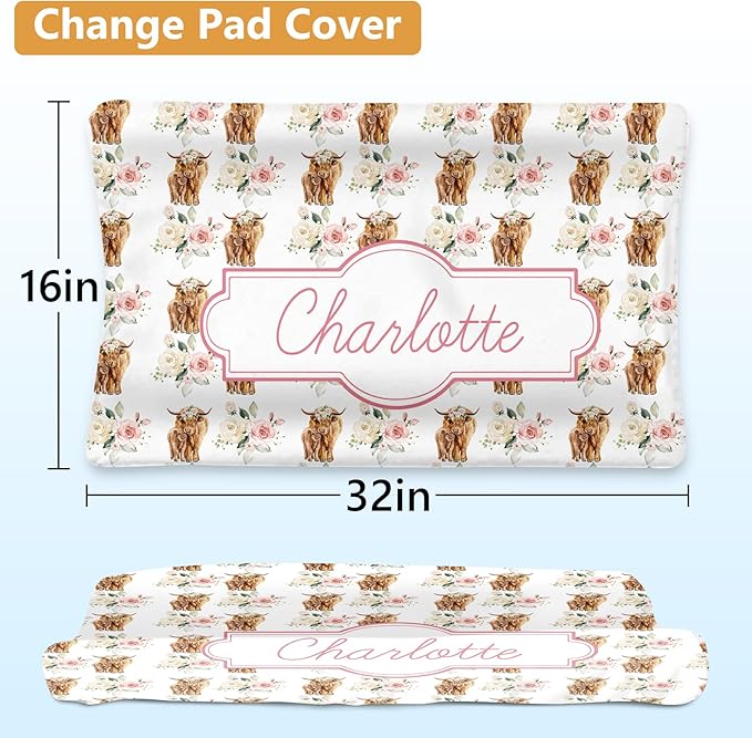 Personalized Crib Bedding Set - 4 Piece Custom Gift Big Highland Cow Crib Bed Set with Name, Soft Double Layer Blanket Set for Infant Baby Girl, Nursery Bedding Set for Toddler Boys