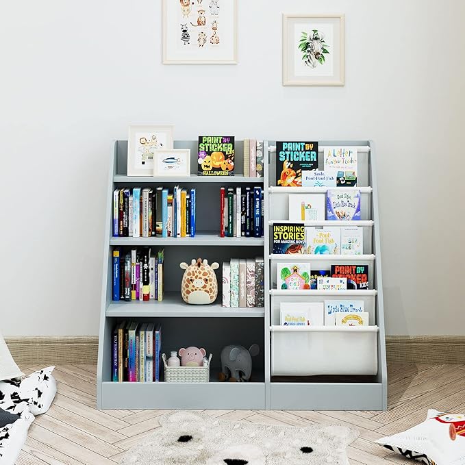 HedoAjim Gray 4 Tier Kids Wooden Bookshelf,Five Layer Sling Toddler Front Facing Bookcase,Baby Kids Storage Book Rack,Book and Toy Organizer Cabinet,Child Book Display Playroom Nursery Bedroom