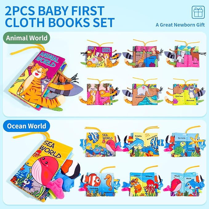 2-Pack Baby Books 0-6 Months, Crinkle Books for Babies, Touch and Feel Sensory Cloth Book 6-12 Months, Tummy Time Toys, Baby Toys for Newborn 6 Pages Pink