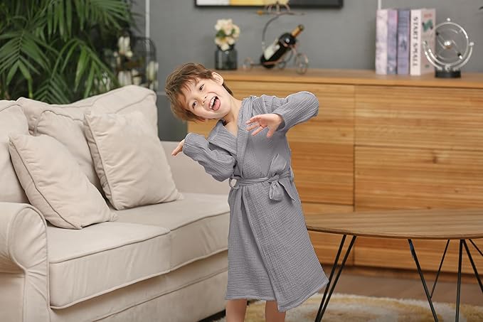 Organic Cotton Toddler Bathrobe, Soft and Breathable Baby Robe for Kid, Boy& Girl Hooded Robe Muslin