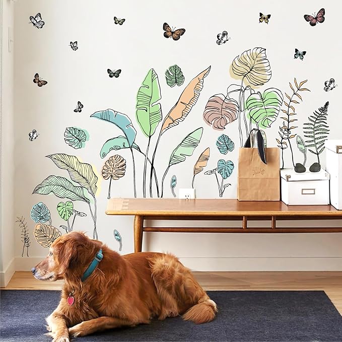 Palm Leaves Wall Decals Boho Tropical Leaves Wall Sticker Removable Green Plant Leaf Walls Decal Peel and Stick Tropical Leave Butterflies Vinyl Art Mural for Bedroom Living Room TV Background Decor