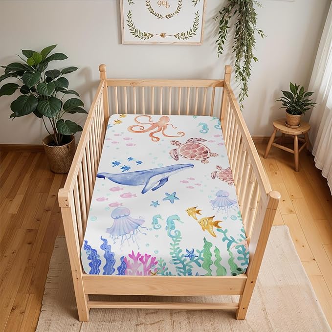 Colorful Ocean Animals Baby Crib Sheets for Boy Girl 52x28 Whale Turtle Jellyfish Sea Horse Corals Soft Snug Fitted Crib Mattress Cover Marine Animals Baby Sheet for Standard Crib & Toddler Mattress