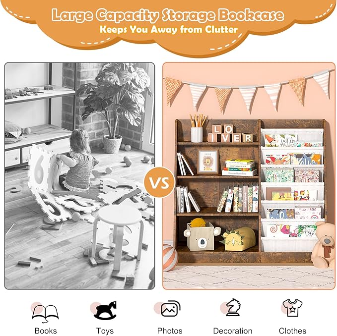HedoAjim Kids Bookshelf for Bedroom Toddler Child Baby Bookcase 4-Tier for Nursery Book Toy Storage Organizer 6 Sling Adjustable Display Shelf Stand Book Rack Wood Classroom Playroom Rustic Brown
