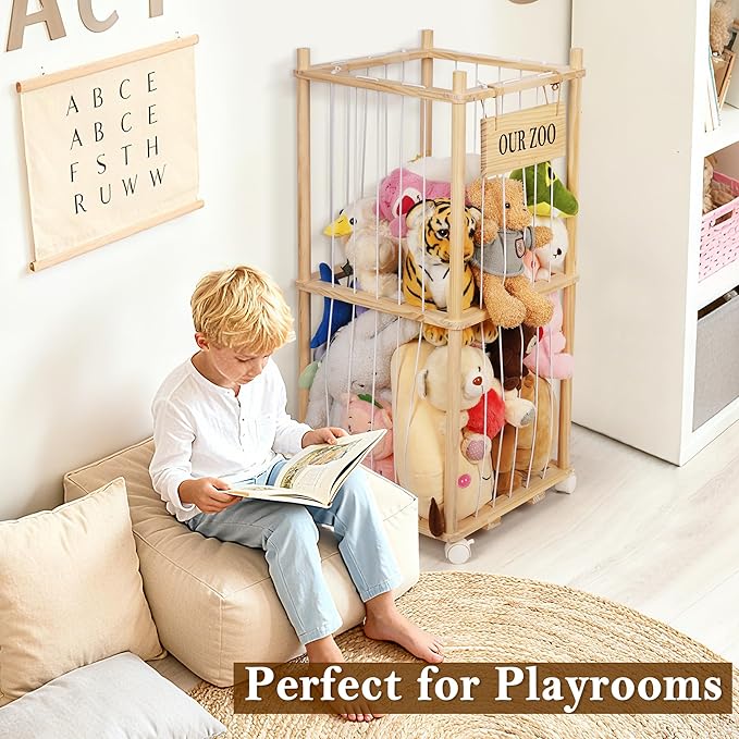 Edudif Stuffed Animal Storage Zoo, Wooden Stuffed Animal Organizer with Removable Wheels & 5-Row Elastic Cords, Space-Saving Plush Toy Storage Holder for Playroom, Bedroom, Nursery