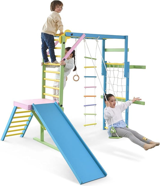 Avenlur Grove 9-in-1 Indoor Jungle Gym Playground: Montessori Waldorf Style Wood PlaySet for Kids, and Toddlers Features Monkey Bars, Rope Wall Net, Ladder, Climber, Slide, Ring Set. Ages 2-11yrs