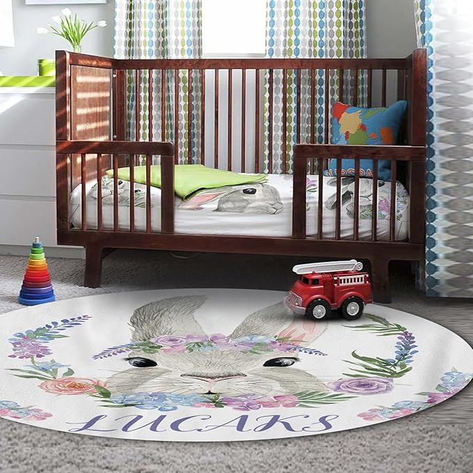 Custom Crib Bedding Set – Personalized Name Bunny Baby Bedding 5-Piece Set with Soft Blanket, Fitted Sheet, Changing Pad Cover, Rug and Wall Art – Adorable Gray Rabbit Nursery Decor for Newborn Girls
