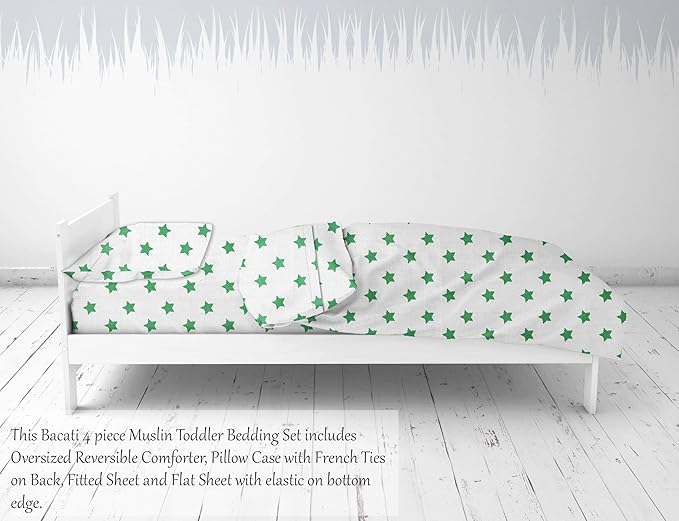 Bacati - Muslin Ikat Stars 4 Piece Neutral Toddler Bedding Set 100 Percent Cotton Includes Reversible Comforter, Fitted Sheet, Top Sheet, and Pillow Case (4 pc Toddler Bedding Set, Green Stars)